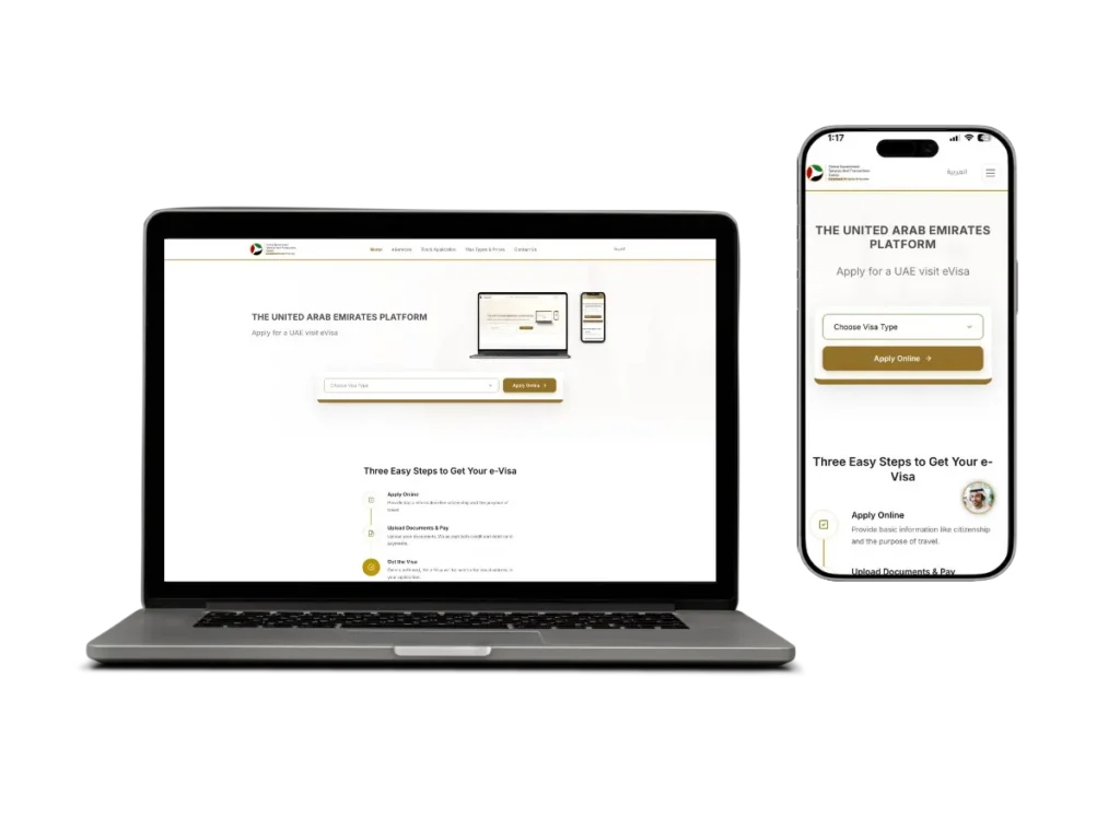 A modern UAE visa website displayed on a laptop and smartphone mockup against a black background. The website is titled “THE UNITED ARAB EMIRATES PLATFORM” and promotes applying for a UAE visit eVisa. It features a visa type selection dropdown, an “Apply Online” button, and a section titled “Three Easy Steps to Get Your e-Visa,” explaining the application, document upload and payment, and visa issuance process.