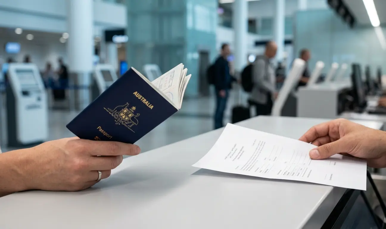 An overhead, side-angle photograph, taken with natural light, shows two hands from the wrist and forearm down, holding an open dark blue passport with gold text "AUSTRALIA" on it, and a stack of papers, in an airport check-in area. On the left, a right hand with a light, simple wedding band, holds an open dark blue passport. The gold text on the cover of the passport reads "AUSTRALIA," with "Passport" written in smaller letters below. The open page of the passport is facing down, not visible, only the cover and edges of the paper inside. A left hand, wearing a white shirt sleeve, holds a stack of about three sheets of white paper with black printed text on the front. On the right, the top of the white paper stack has a short header in capital letters, followed by several lines of text. The middle section contains about 10 lines of body text, and at the bottom, there is another header with about five lines of text. A thin line separates the bottom and upper sections. The counter is a long, light grey surface and continues beyond the right edge. In the background, out of focus, other check-in counters with terminals and self-service kiosks with screens are visible. Multiple blurred people are in the distance, walking and waiting in line, some wearing backpacks. The entire scene is set under bright ceiling lights. The floor appears to be light-colored tile.