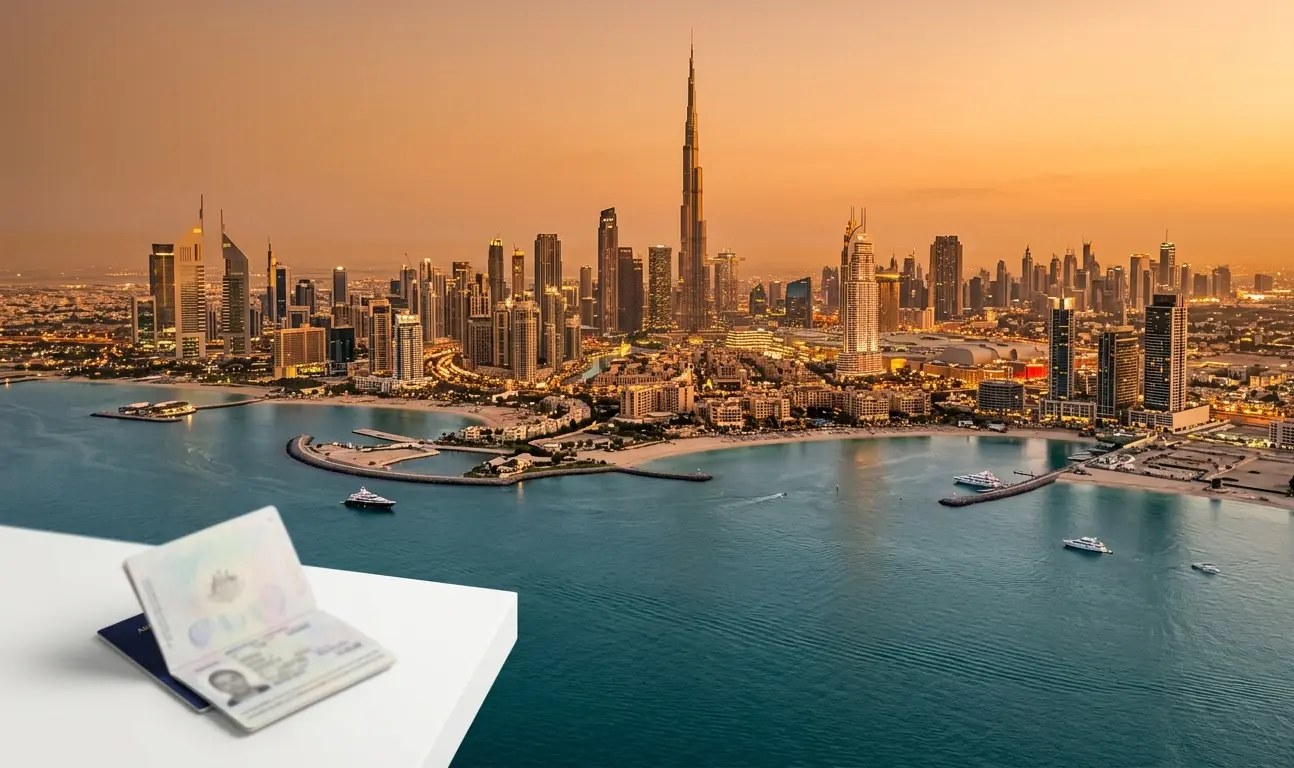 A wide-angle aerial landscape view of the Dubai cityscape and the Persian Gulf at sunset. A vast sandy beach lines the curving coast in the center, and a marina with yachts is on the right. A massive cluster of high-rise buildings and skyscrapers glows with golden light, and the Burj Khalifa is centered in the distance as the tallest structure. The sun is just below the horizon, casting orange, yellow, and red hues into the sky. On a ledge in the foreground on the left, there is an opened passport with dubai visa for australians.