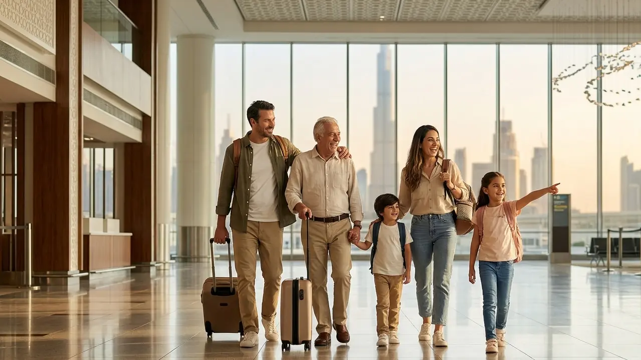 عائلة مع أمتعتها تصل إلى الإمارات العربية المتحدة، مستعدة لرحلة بموجب تأشيرة زيارة عائلية