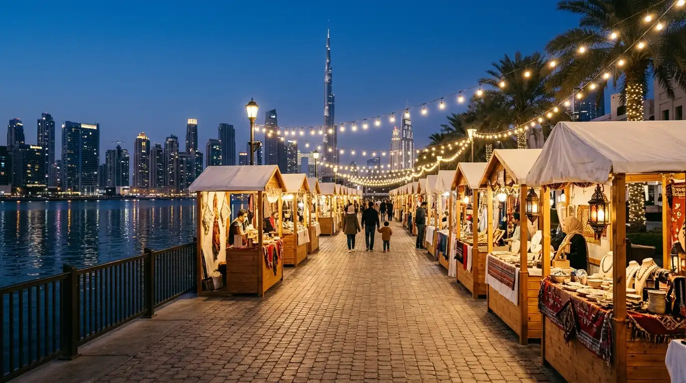 Alışveriş festivali sezonunda Dubai’de su kenarında düzenlenen açık hava gece pazarı
